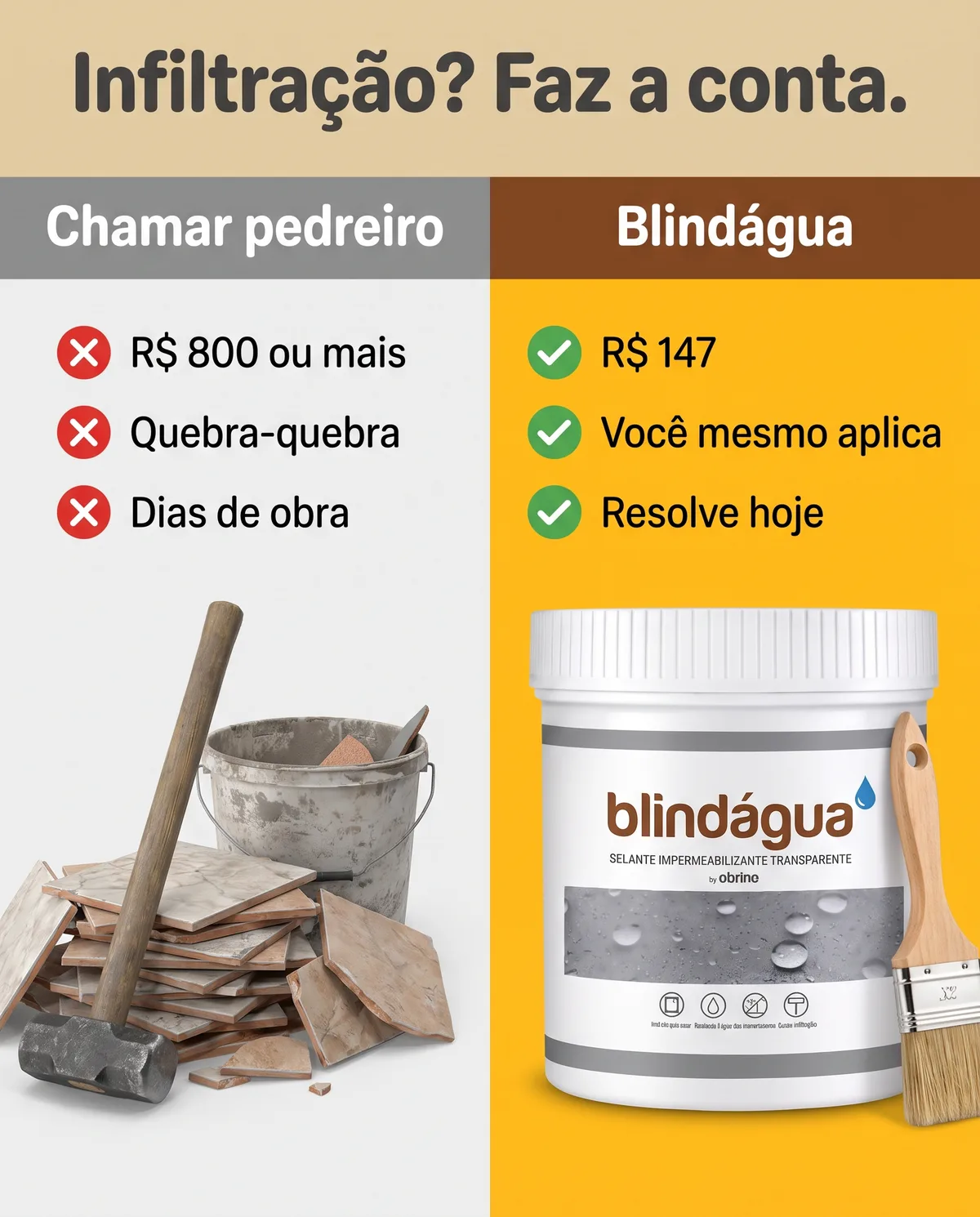 Comparação entre chamar pedreiro e usar Blindágua